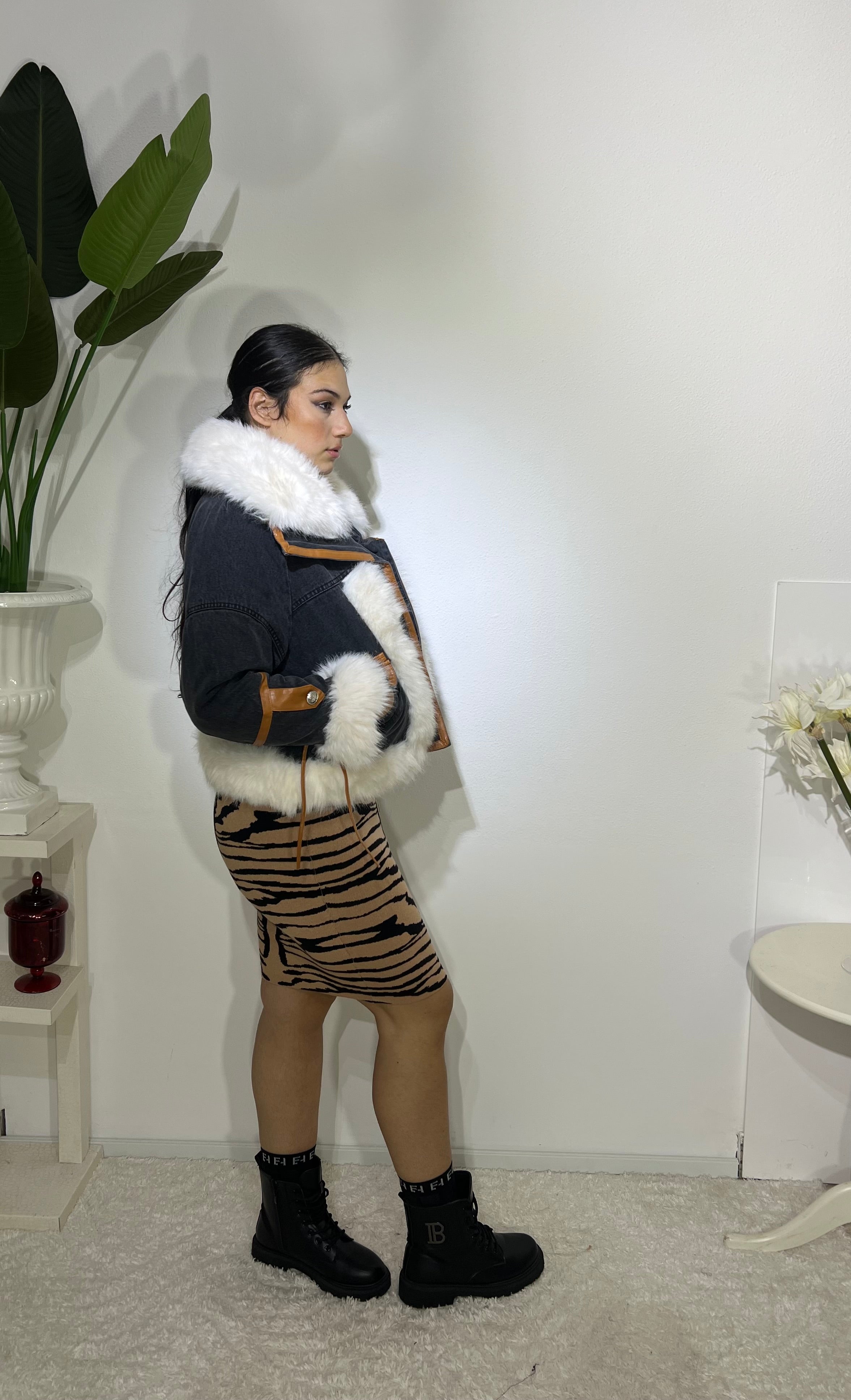 Giubbino denim con ecopelliccia